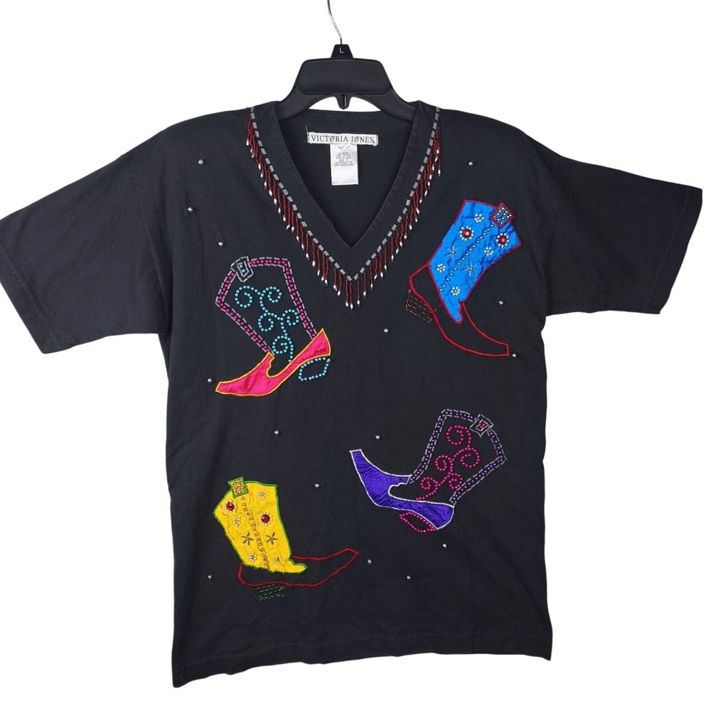 Vintage Victoria Jones Black Beaded Cowboy Boot Applique V-Neck T-Shirt Small
